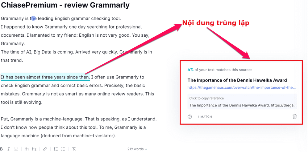 Một kết quả kiểm tra đạo văn với tài khoản Grammarly Premium