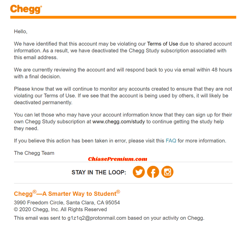 Email thông báo dừng truy cập dịch vụ Chegg để xem xét vi phạm của bạn.