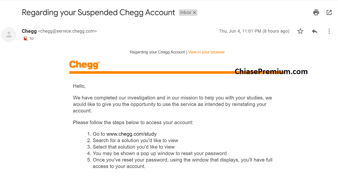 Nếu bạn "ngoan ngoãn trong thời gian xem xét" thì Chegg sẽ cho mở lại tài khoản.