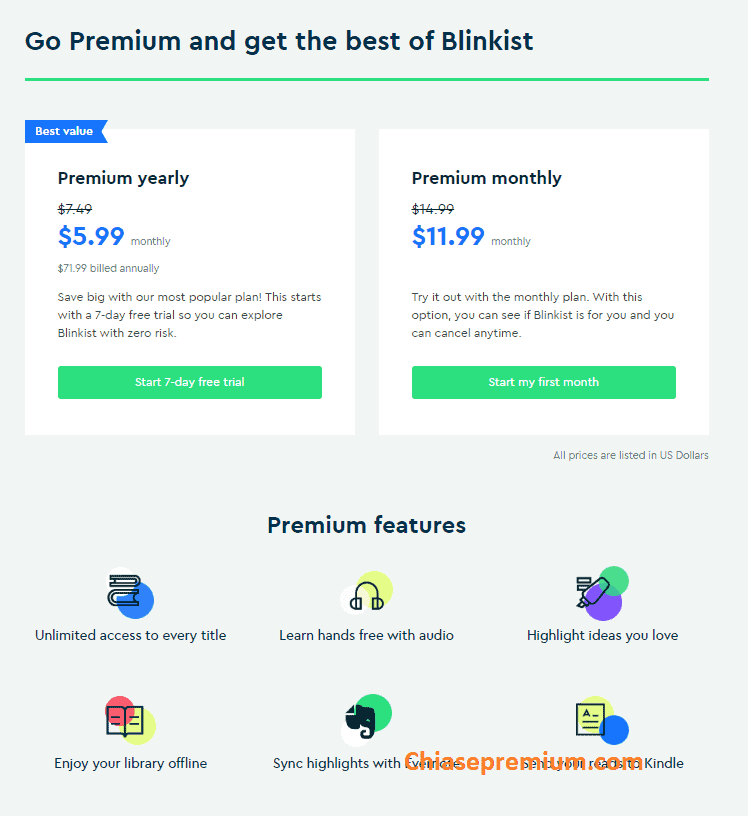Mức phí đăng ký mua tài khoản Blinkist premium