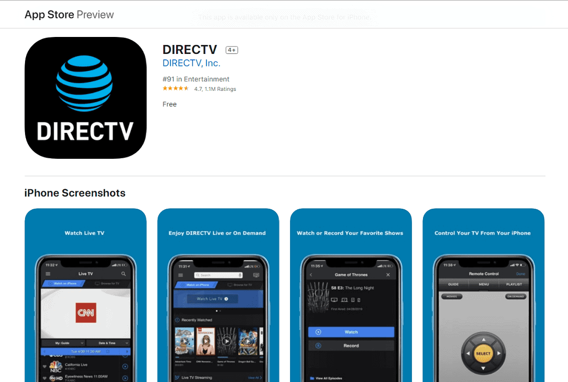Ứng dụng DirecTV được đánh giá rất cao trên chợ ứng dụng Apple