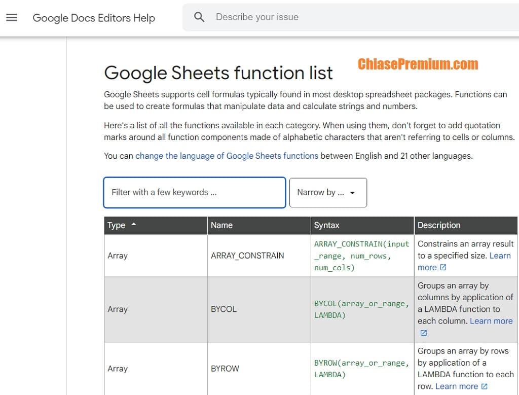 Google Sheets function list