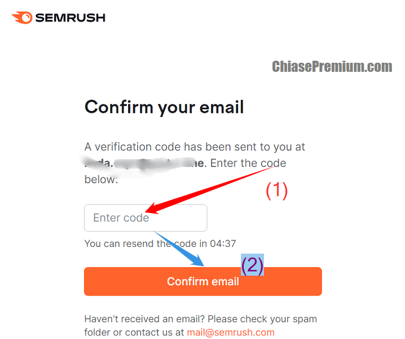 Nhập mã xác thực email đăng ký Semrush