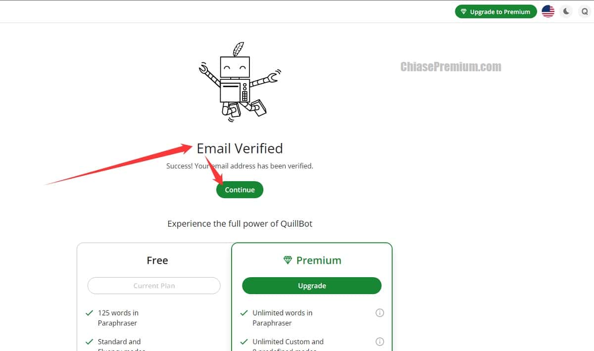 Xác nhận đăng ký tài khoản QuillBot thành công, click vào Continue để tiếp tục.