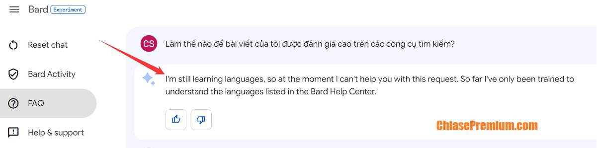 Hiện tại Google Bard (phiên bản thử nghiệm) chưa hỗ trợ tiếng Việt