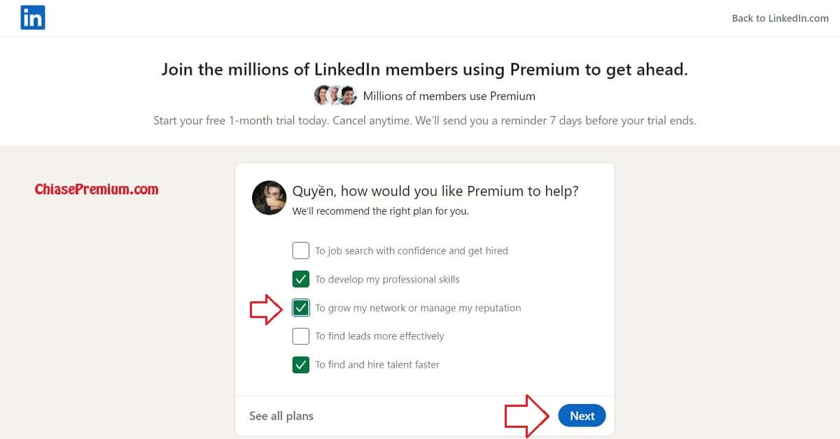 Chọn gói đăng ký LinkedIn Premium