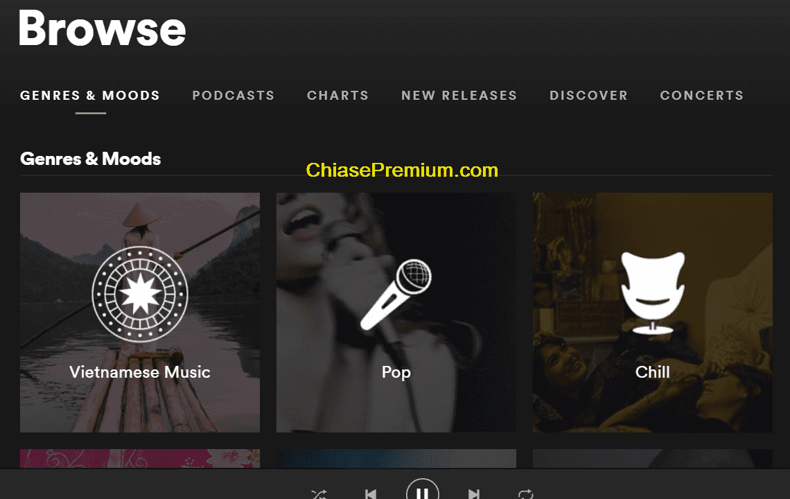 Tính năng Genres and Mood trên tài khoản Spotify Premium.