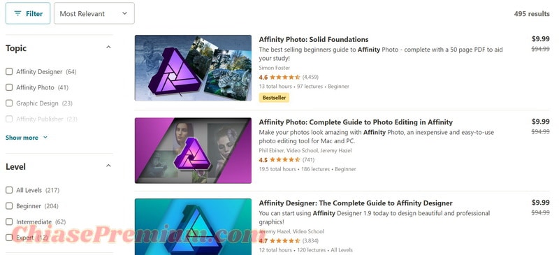 Một vài khóa học về Affinity Designer và AffinityPhoto uy tín ở Udemy.com 
