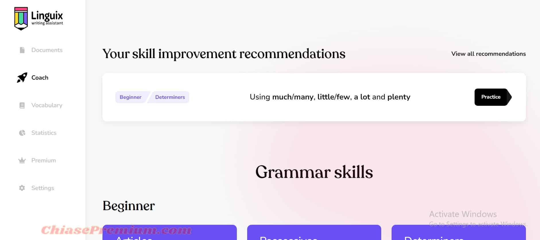 Linguix: Your skill improvement recommendations và Grammar skills.