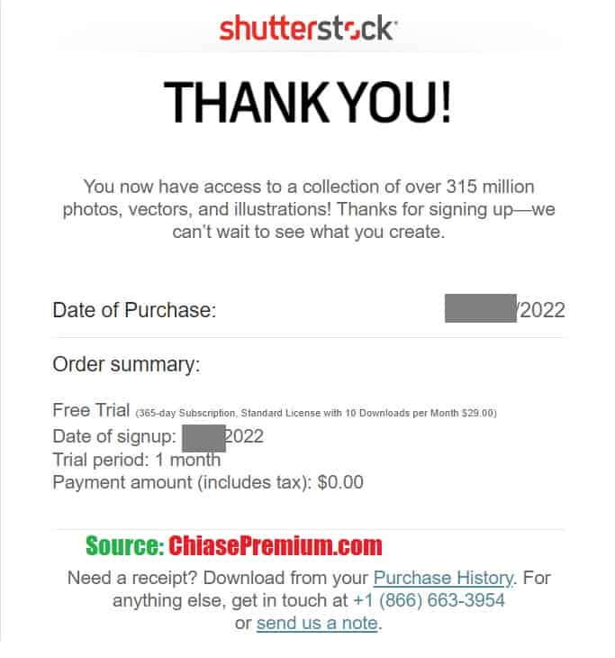 Hóa đơn đăng ký Shutterstock gửi vào email.