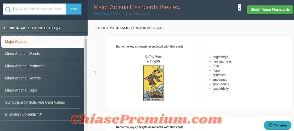 Một lớp học Tarot trên Brainscape bao gồm 7 decks, mỗi deck được trình bày bằng một bộ flashcard.