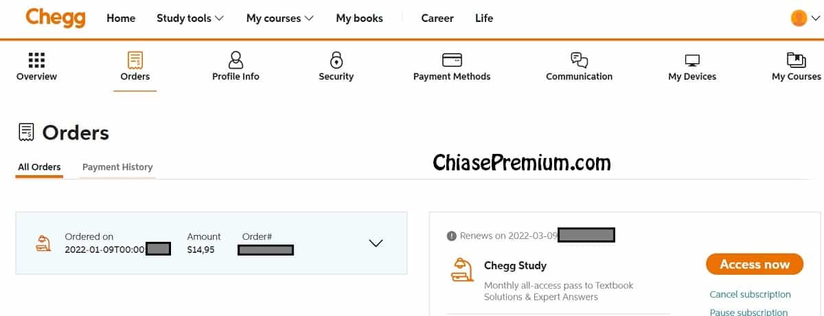 Cancel a subscription from Chegg.com 