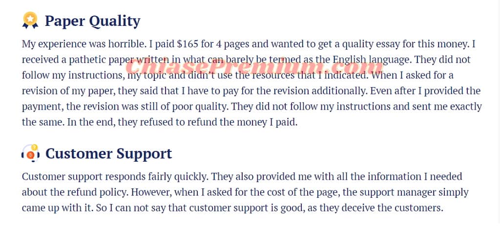 Một website review đã sử dụng Transtutors và nhận được kết quả không hài lòng: Phải trả gần 3.800.000 VNĐ cho 4 trang luận nhưng bài làm không theo đúng yêu cầu khách hàng, đồng thời nếu muốn sửa đổi - bổ sung thì phải trả thêm phí.