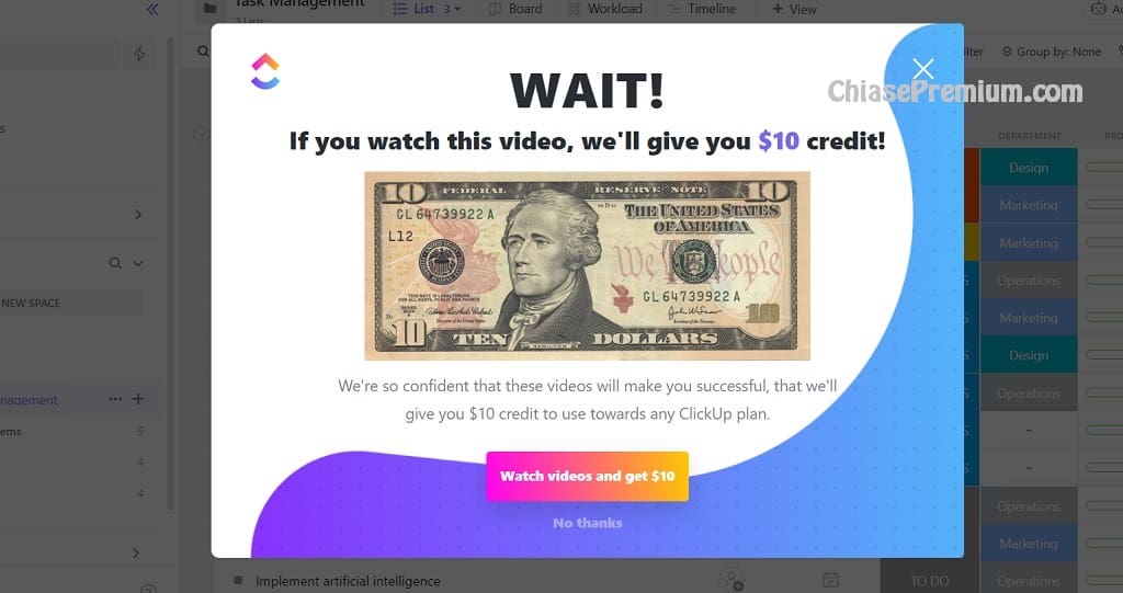 Ưu đãi miễn phí của ClickUp khi xem video hướng dẫn sử dụng.