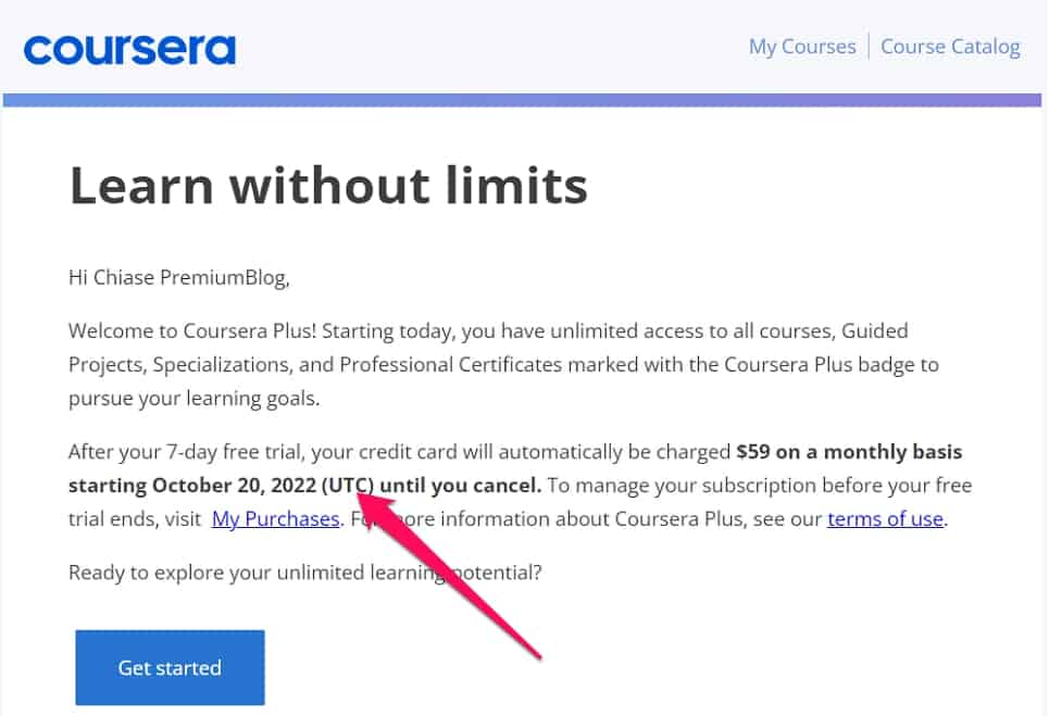 Thông báo đăng ký thành công Coursera Plus gửi vào email.