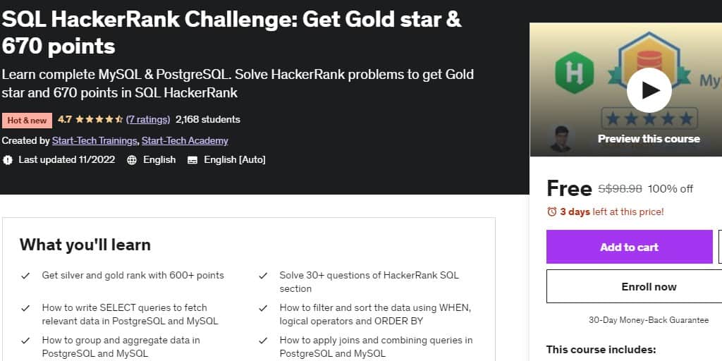 SQL HackerRank Challenge: Get Gold star & 670 points