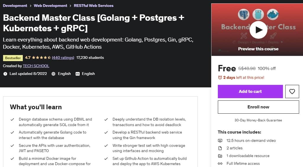 Chia sẻ link đăng ký vĩnh viễn khóa học Backend Master Class [Golang + Postgres + Kubernetes + gRPC]