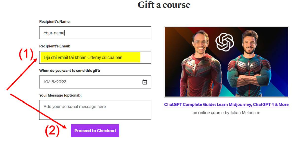 Dùng chức năng "Gift this course" để chuyển khoá học về tài khoản Udemy cũ của bạn. 