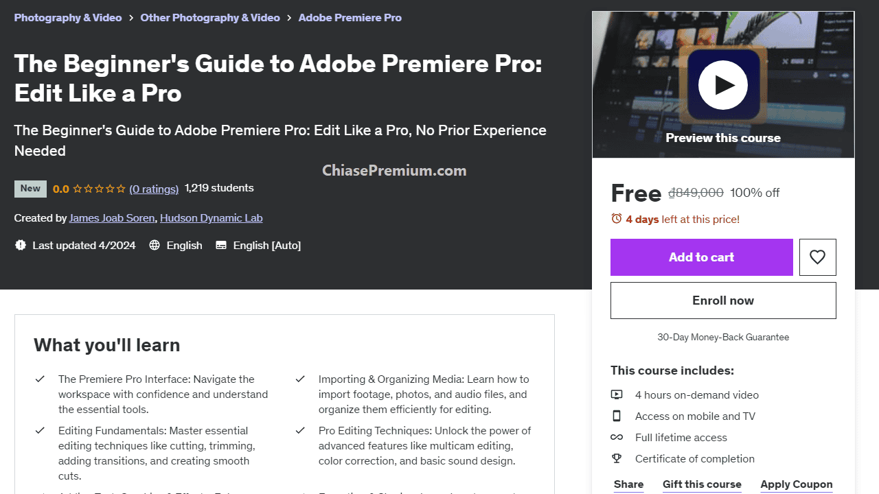 Chia sẻ khóa học Dựng video chuyên nghiệp với Adobe Premiere miễn phí